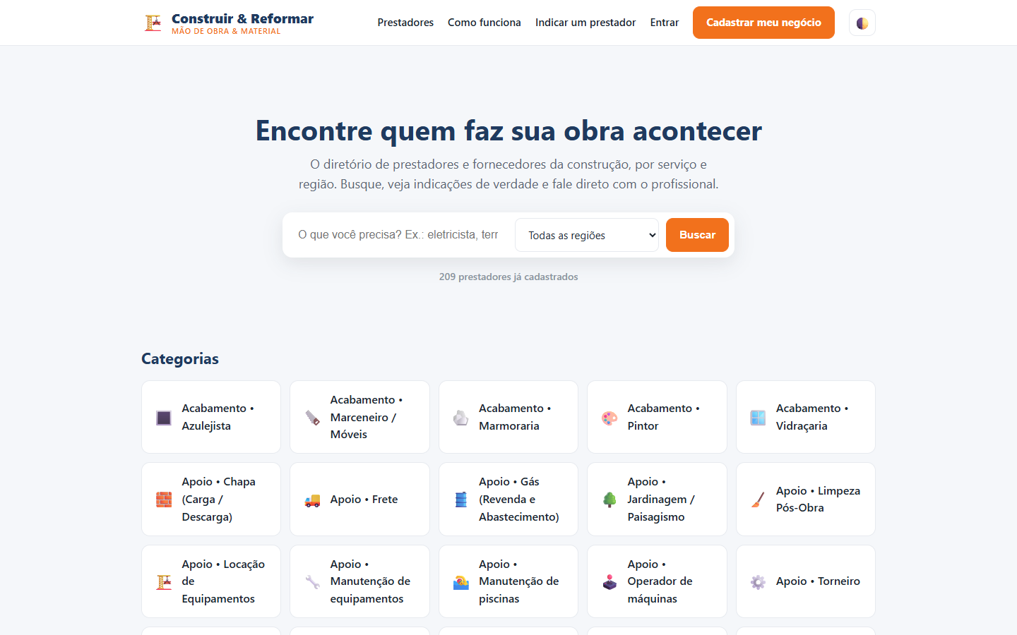 Tela inicial da plataforma Construir e Reformar